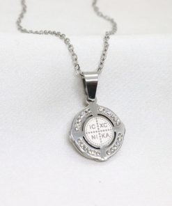 Ατσάλινο κολιέ φυλαχτό Κωνσταντινάτο με πέτρες σε ασημί χρώμα