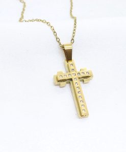 Ατσάλινο κολιέ σταυρός με πέτρες σε χρυσό χρώμα