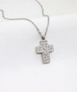 Ατσάλινο κολιέ σταυρός με πέτρες ζιργκόν σε ασημί χρώμα