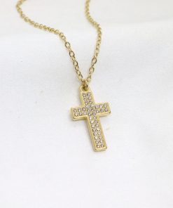 Ατσάλινο κολιέ σταυρός με λευκές πέτρες ζιργκόν σε χρυσό χρώμα