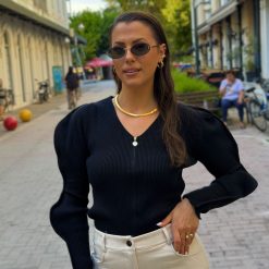 Rib Ζακέτα με Φερμουάρ & Balloon Μανίκια | Μαύρο