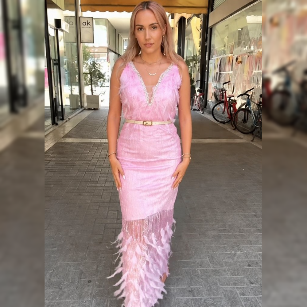 Brigitte Boutique “Feather Glam” Maxi Φόρεμα με Παγιέτες & Φτερά | Ροζ