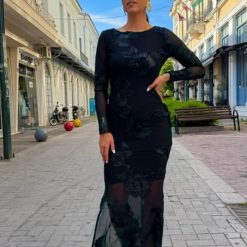 Maxi Φόρεμα LUMINA με Floral Διαφάνεια | Μαύρο