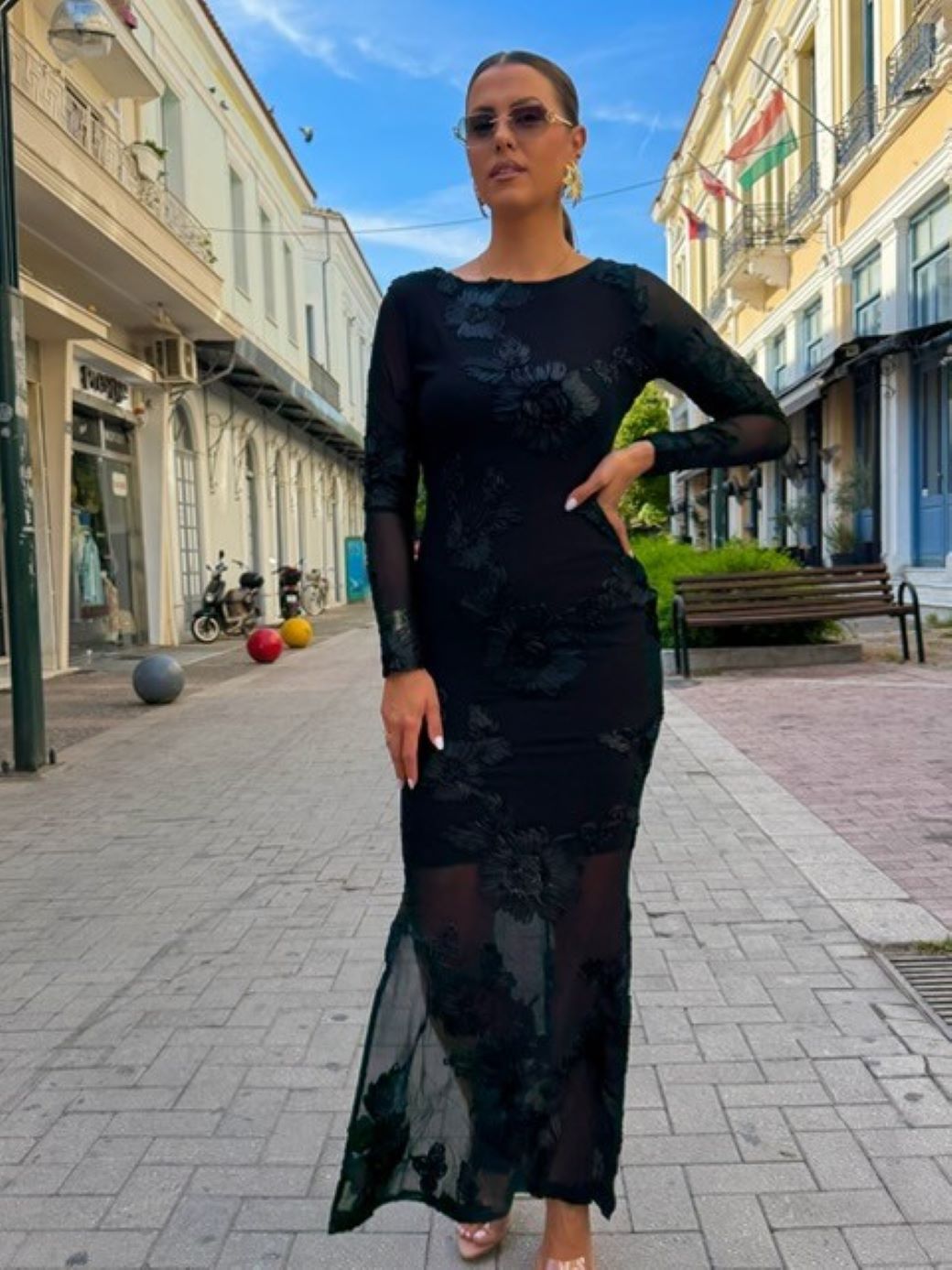 Maxi Φόρεμα LUMINA με Floral Διαφάνεια | Μαύρο