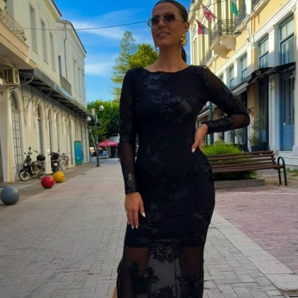 Maxi Φόρεμα LUMINA με Floral Διαφάνεια | Μαύρο - Image 2
