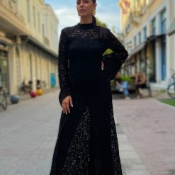 Maxi Δαντελένιο Φόρεμα LUMINA με Ψηλό Λαιμό | Μαύρο