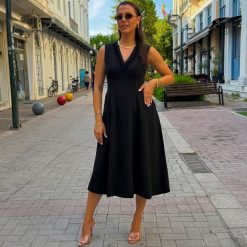 Midi Φόρεμα με Λαμπερό V Ντεκολτέ | Μαύρο