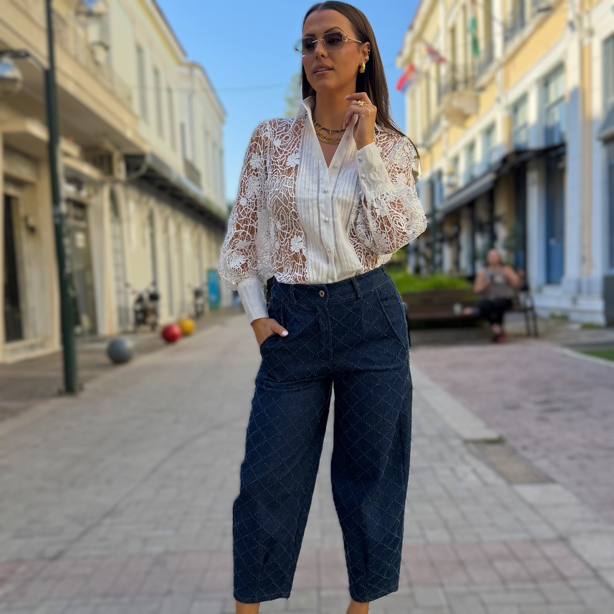 Diamond Denim Παντελόνι Barrel με Ανάγλυφο Σχέδιο | Σκούρο Μπλε