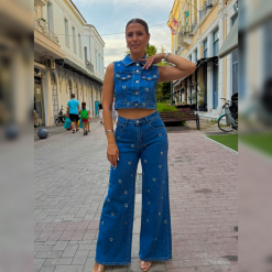 Denim Σετ με Μεταλλικούς Κρίκους – Γιλέκο & Wide Leg Παντελόνι | Τζιν