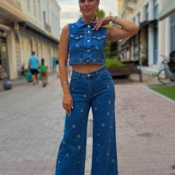 Denim Σετ με Μεταλλικούς Κρίκους – Γιλέκο & Wide Leg Παντελόνι | Τζιν