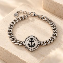 Black Anchor Compass - Ατσάλινο Ανδρικό Βραχιόλι με Μαύρη Άγκυρα και Πυξίδα