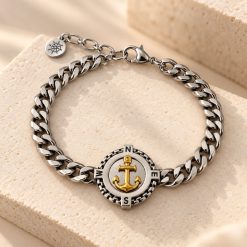 Golden Anchor Compass - Ατσάλινο Ανδρικό Βραχιόλι με Χρυσή Άγκυρα και Πυξίδα