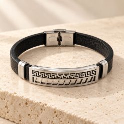 Greek Key - Ανδρικό Δερμάτινο Βραχιόλι με Ατσάλινη Πλάκα