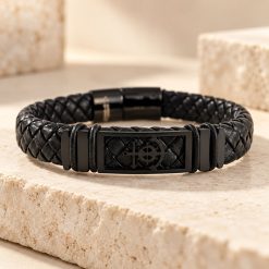 Anchor Black - Ανδρικό Δερμάτινο Βραχιόλι με Μαύρο Ατσάλινο Σύμβολο