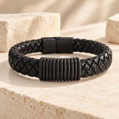 Ribbed Black - Ανδρικό Πλεκτό Δερμάτινο Βραχιόλι