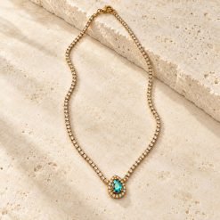 Aqua Crystal Riviera - Κολιέ σε Χρυσό Χρώμα με Λευκά Ζιργκόν και Τιρκουάζ Κρύσταλλο