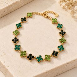 Emerald Clover - Ατσάλινο Βραχιόλι με Πολύχρωμα Πράσινα Κρυσταλλάκια