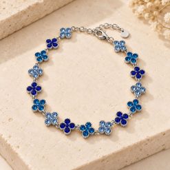 Blue Sapphire Clover - Ατσάλινο Βραχιόλι με Πολύχρωμα Μπλε Κρυσταλλάκια