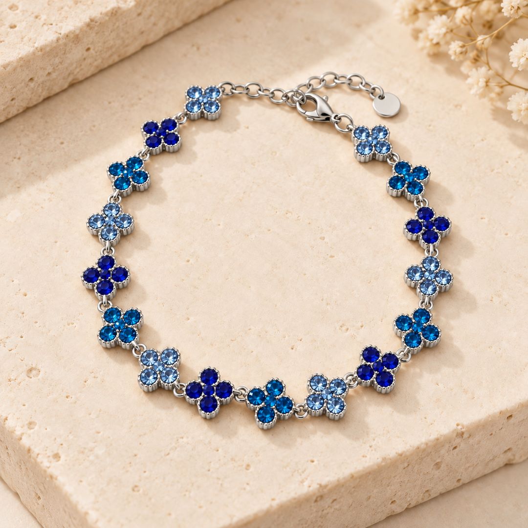 Blue Sapphire Clover - Ατσάλινο Βραχιόλι με Πολύχρωμα Μπλε Κρυσταλλάκια